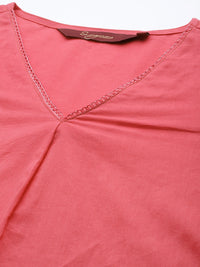 Thumbnail for Sangria V-Neck Lace Detail Kurta with Trousers - Distacart