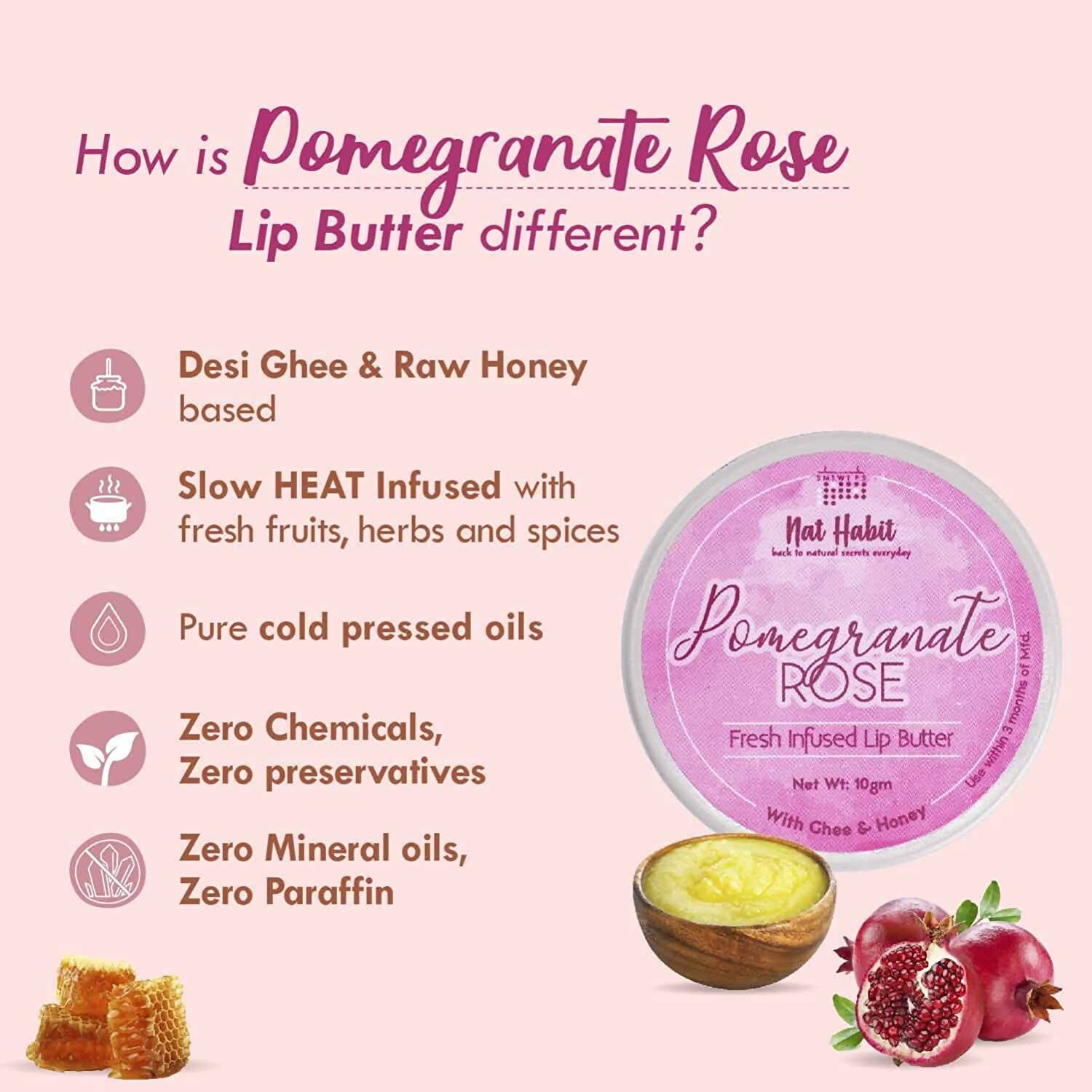 Nat Habit Pomegranate Rose Lip Butter With Ghee And Honey - Distacart