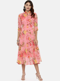 Thumbnail for Souchii Woman Pink Floral Printed A-Line Dress - Distacart