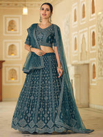 Thumbnail for Myra Rama Blue Soft Net Embroidered Lehenga - Distacart