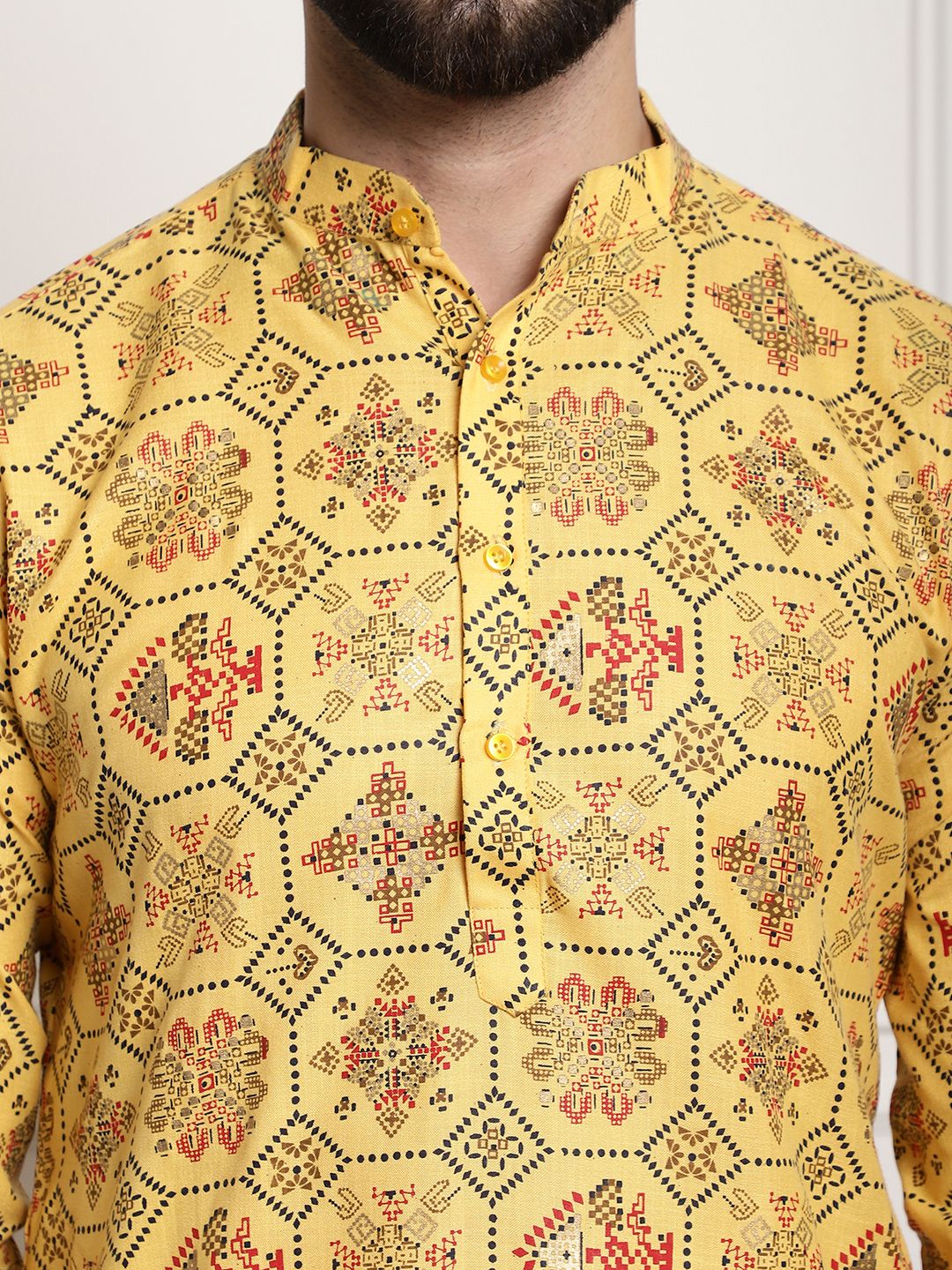 Sojanya Men Yellow Ethnic Motifs Printed Kurta with Churidar - Distacart