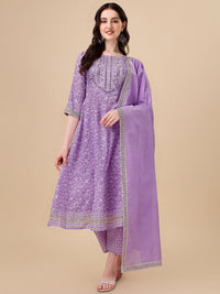 Thumbnail for HERE&NOW Purple Floral Printed Pure Cotton A-Line Kurta & Trousers With Dupatta - Distacart