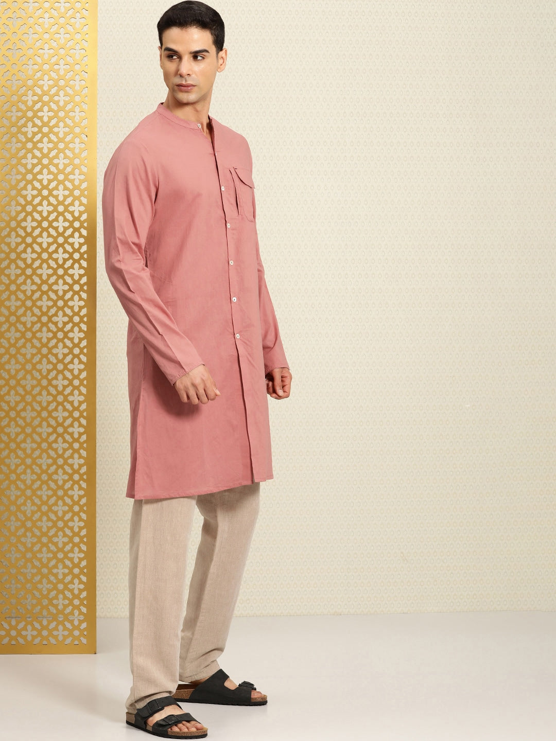 House of Pataudi Rozana Band Collar Pure Cotton Kurta - Distacart
