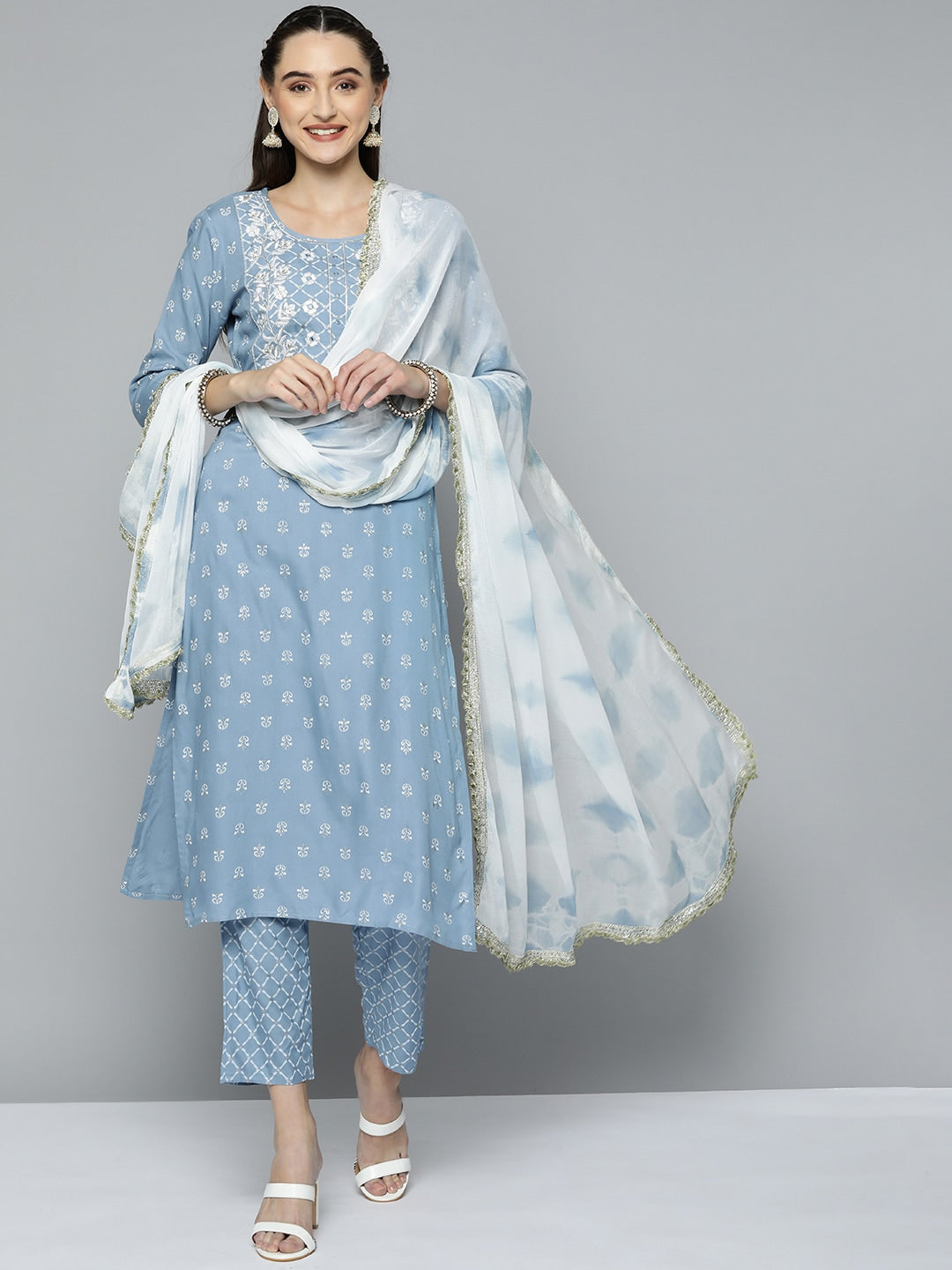 HERE&NOW Women Blue & White Ethnic Embroidered Kurta with Trousers & With Dupatta - Distacart