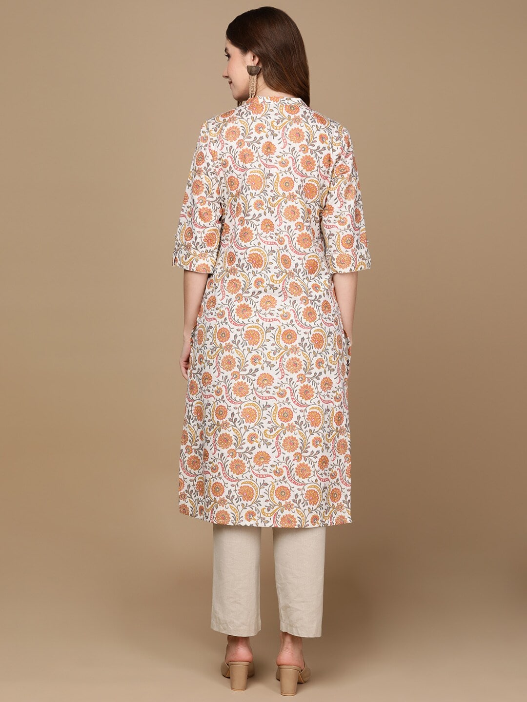 HERE&NOW White & Yellow Floral Printed Sequined Cotton Kurta - Distacart