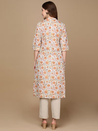 Thumbnail for HERE&NOW White & Yellow Floral Printed Sequined Cotton Kurta - Distacart
