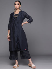 Thumbnail for Biba Women Navy Blue & Beige Layered Pure Cotton Kurta with Trousers - Distacart
