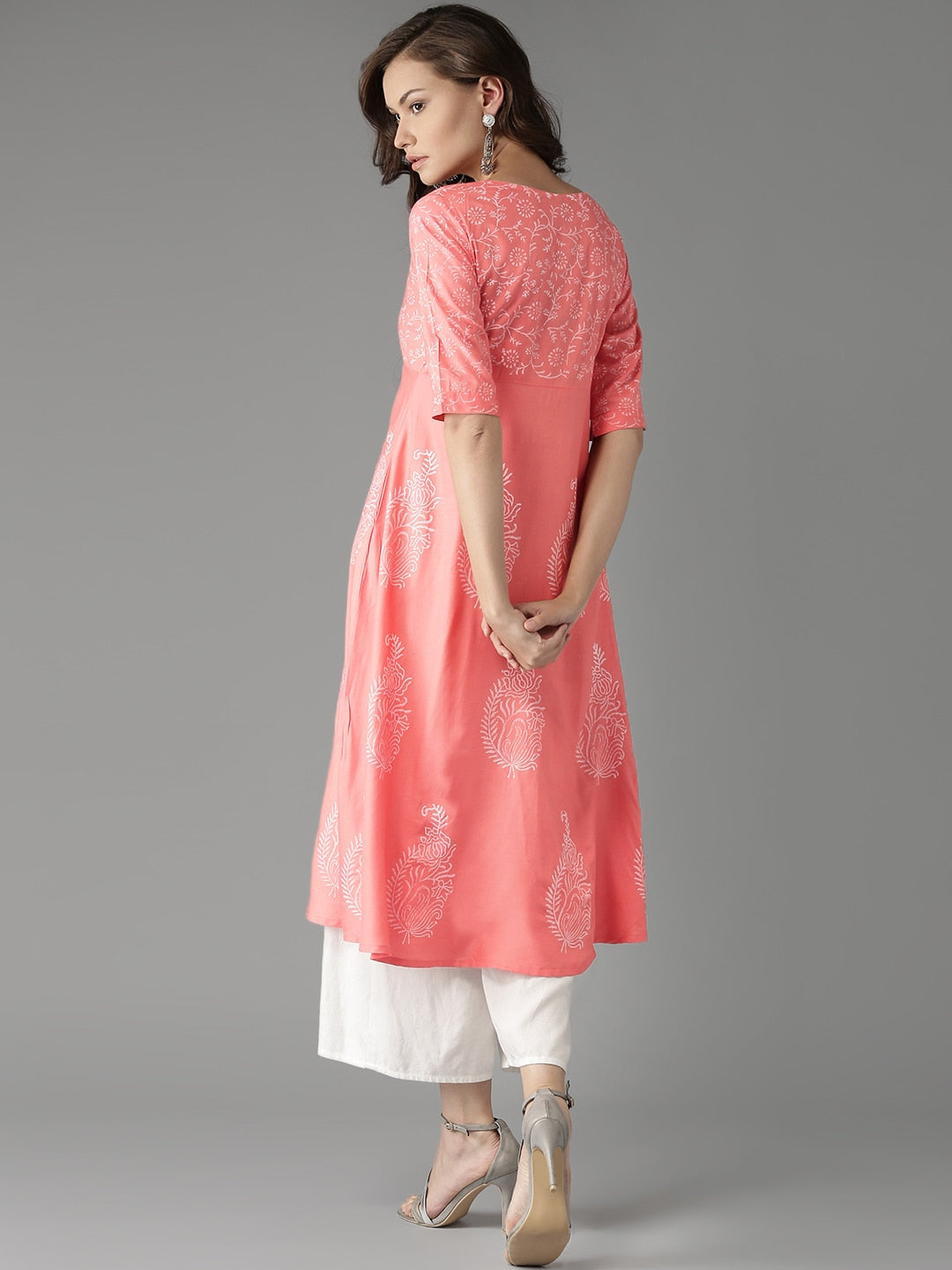 HERE&NOW Women Peach-Coloured Handblock Print A-Line Kurta - Distacart