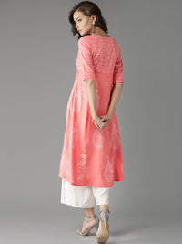 Thumbnail for HERE&NOW Women Peach-Coloured Handblock Print A-Line Kurta - Distacart