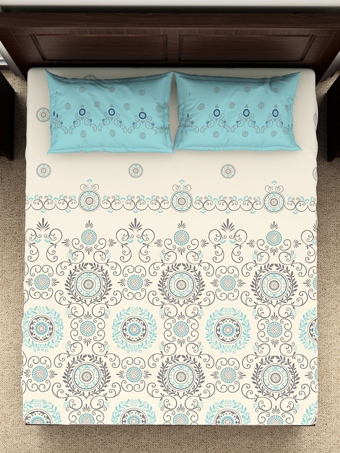 SPACES Reagalis Cream Ethnic Motifs 140 TC Cotton Queen Bedsheet & 2 Pillow Covers - Distacart