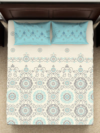 Thumbnail for SPACES Reagalis Cream Ethnic Motifs 140 TC Cotton Queen Bedsheet & 2 Pillow Covers - Distacart