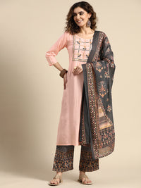 Thumbnail for Sangria Women Floral Embroidered Thread Work Chanderi Silk Kurta With Palazzos & Dupatta - Distacart