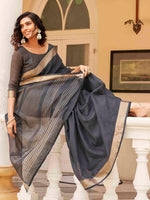Thumbnail for Tikhi Imli Charcoal & Gold-Toned Polycotton Zari Ready to Wear Saree - Distacart