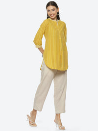 Thumbnail for Biba Mandarin Collar Striped Kurti with Trousers - Distacart