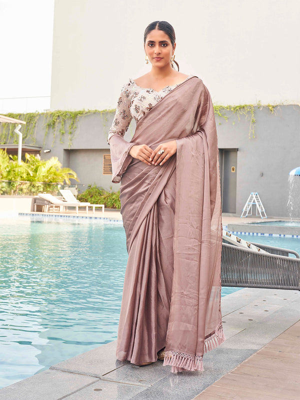 Tikhi Imli satin saree with sequence embroidered blouse - Distacart