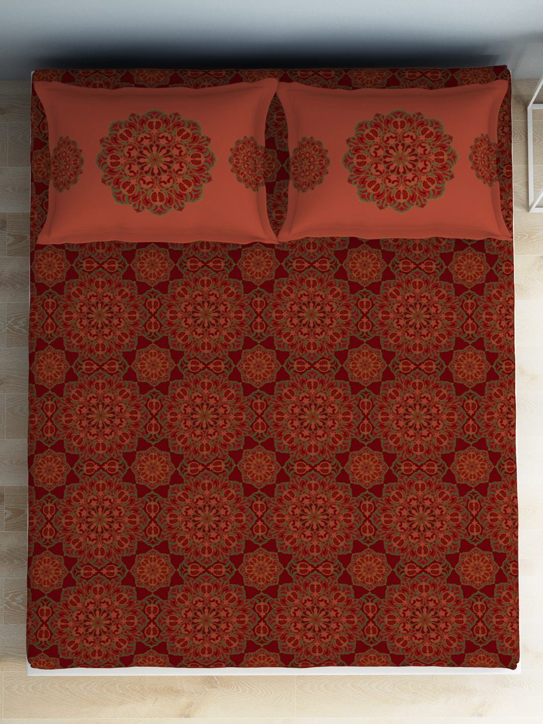 SPACES Aurum Red Ethnic Motifs Pure Cotton 140 TC Queen Bedsheet with 2 Pillow Covers - Distacart