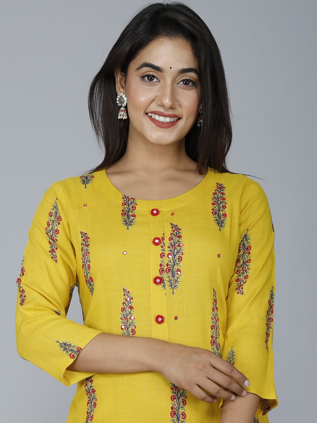 HERE&NOW Women Mustard Yellow Floral Mirror Work Floral Kurta - Distacart