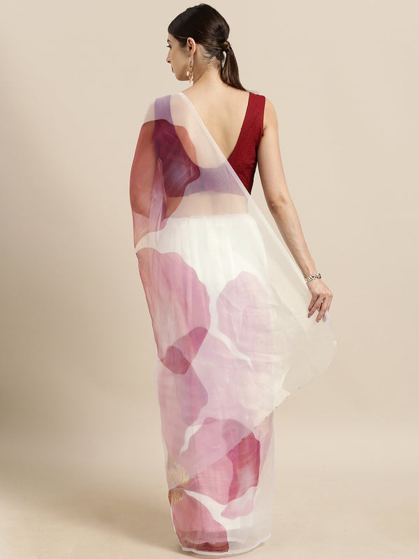 Tikhi Imli White & Pink Organza Printed Saree - Distacart