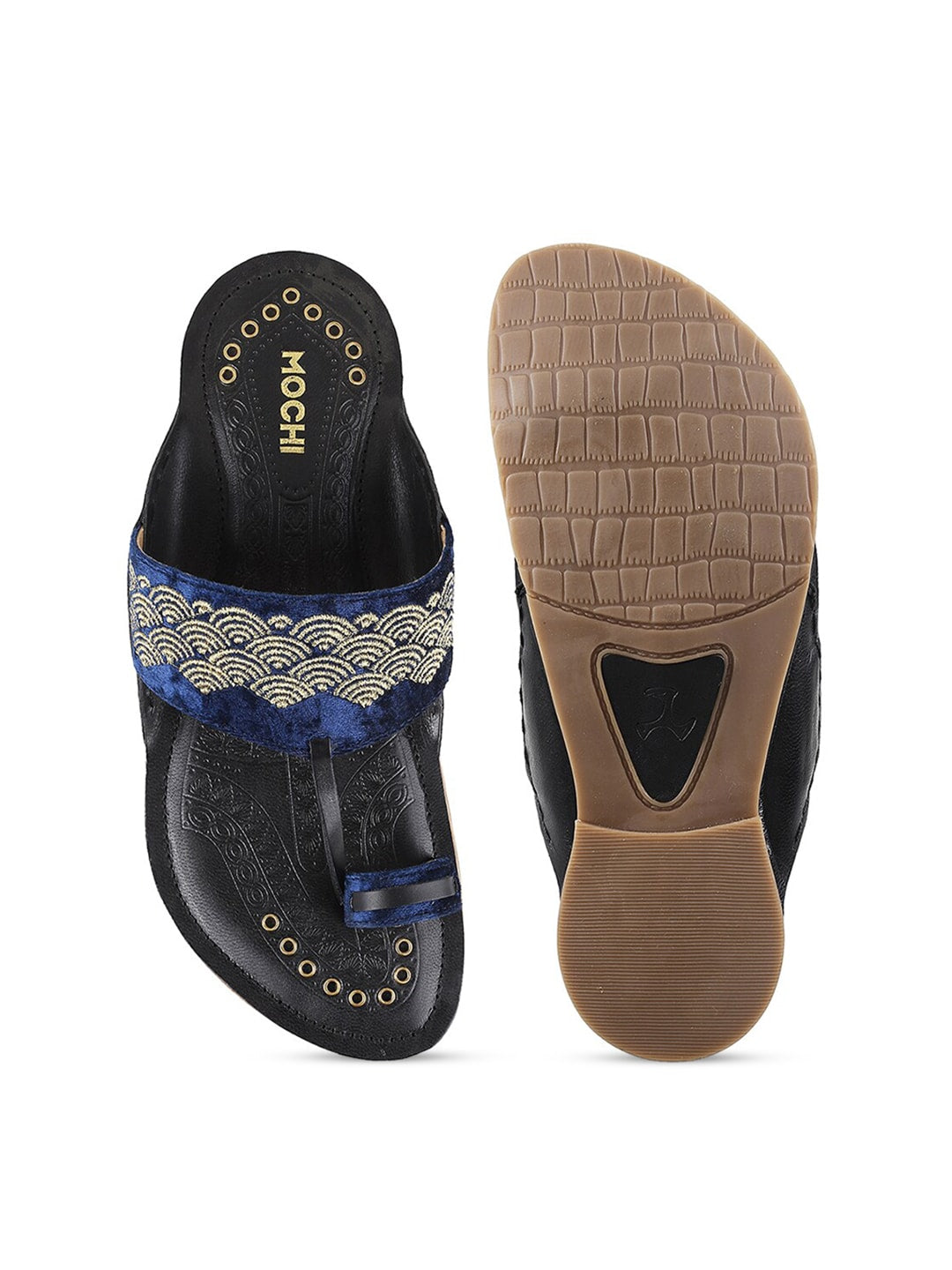 Mochi Men Blue & Gold-Toned Ethnic Leather Comfort Sandals - Distacart