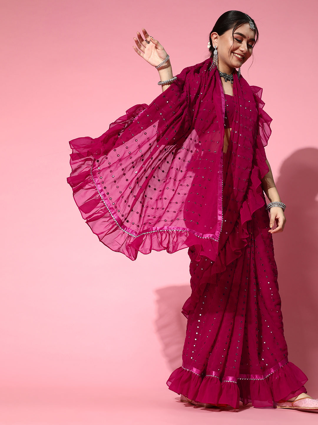 Tikhi Imli Embellished Poly-Georgette Saree with Solid border - Distacart