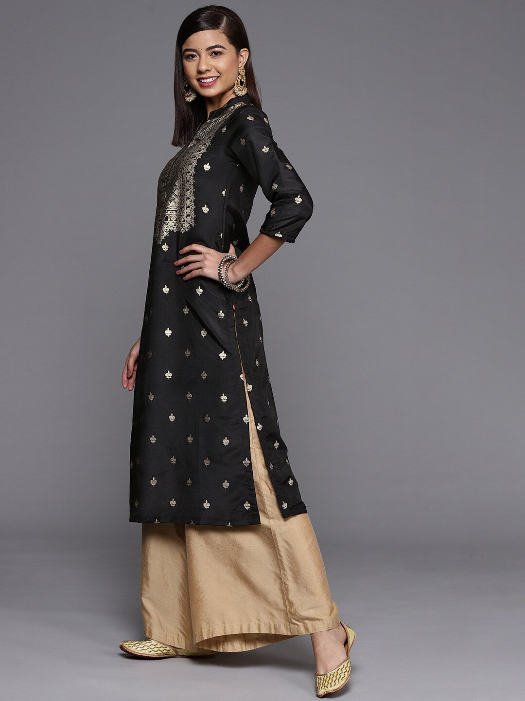 Biba Women Black & Beige Ethnic Motifs Printed Thread Work Kurta - Distacart