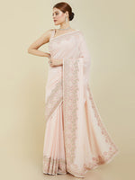 Thumbnail for Soch Peach-Coloured & Green Floral Sequinned Pure Georgette Saree - Distacart
