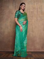 Thumbnail for Mitera Green Striped Sequinned Pure Chiffon Saree - Distacart
