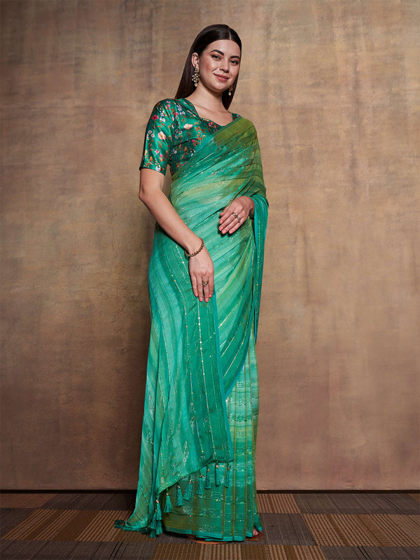 Mitera Green Striped Sequinned Pure Chiffon Saree - Distacart