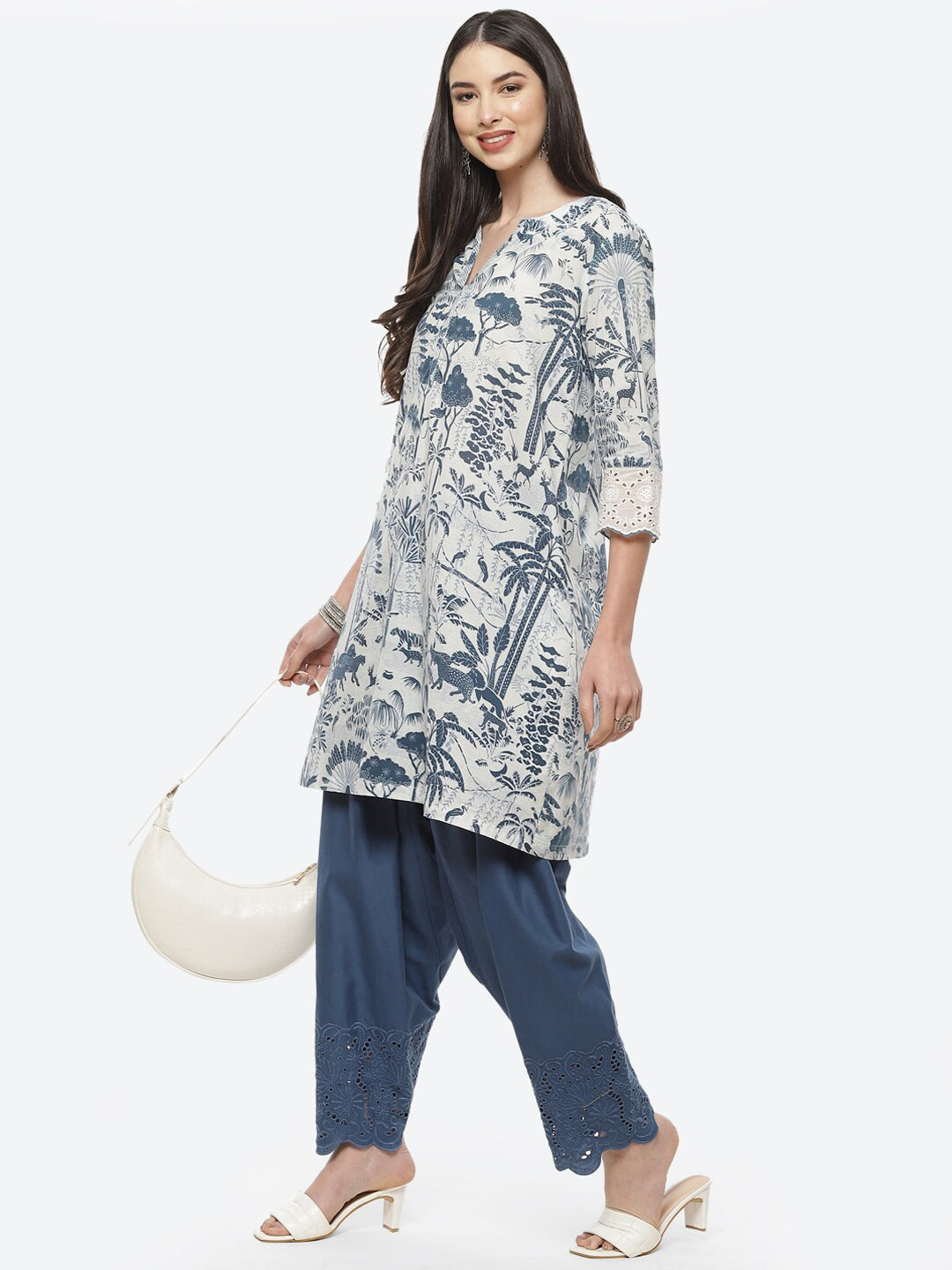 Biba Women White Floral Printed Pure Cotton Kurta with Salwar - Distacart