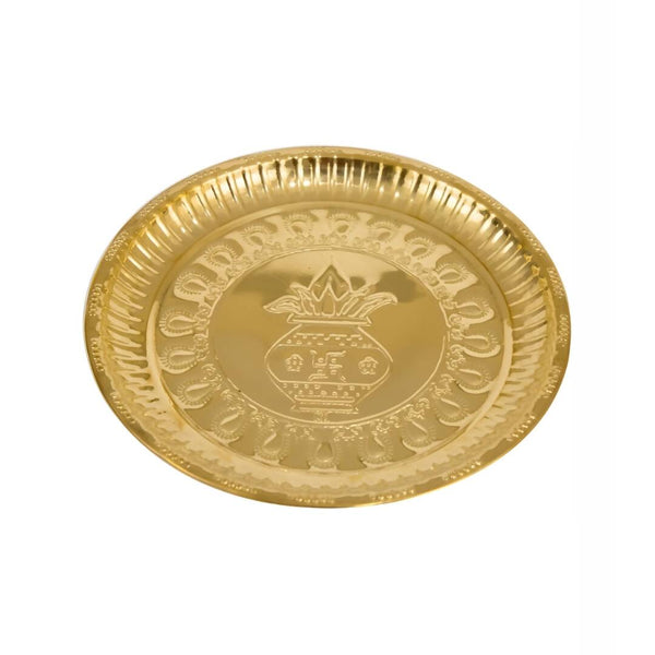 Spillbox Gold-Toned Brass Kumbham Embossed Round Thali Pooja Essential - Distacart