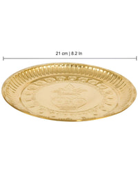 Thumbnail for Spillbox Gold-Toned Brass Kumbham Embossed Round Thali Pooja Essential - Distacart