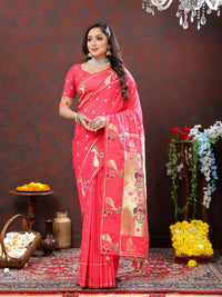 Thumbnail for Lorenvalley Fashion Peach Soft Paithani Silk Woven Design Gold Zari Meenakari Weaving Saree - Distacart
