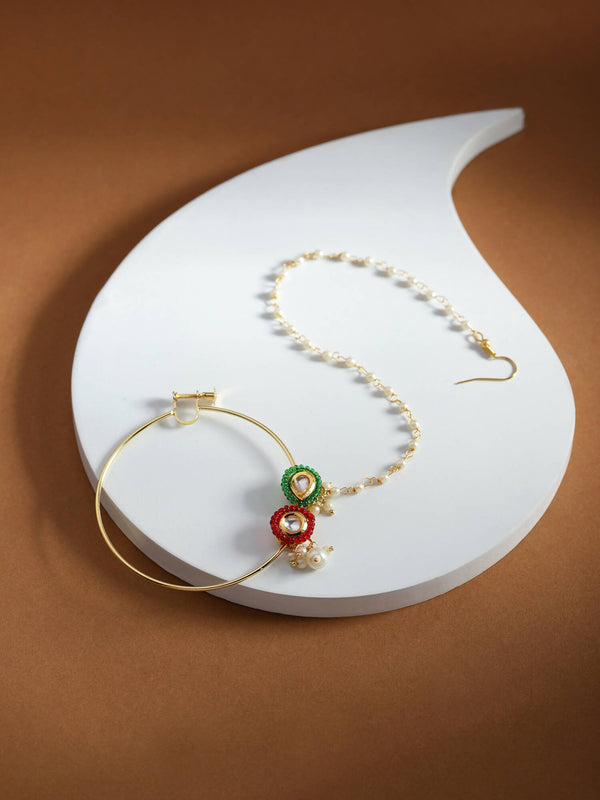 Gold-Plated White Red Stone-Studded Pearl Beaded Nosepin - Ruby Raang - Distacart