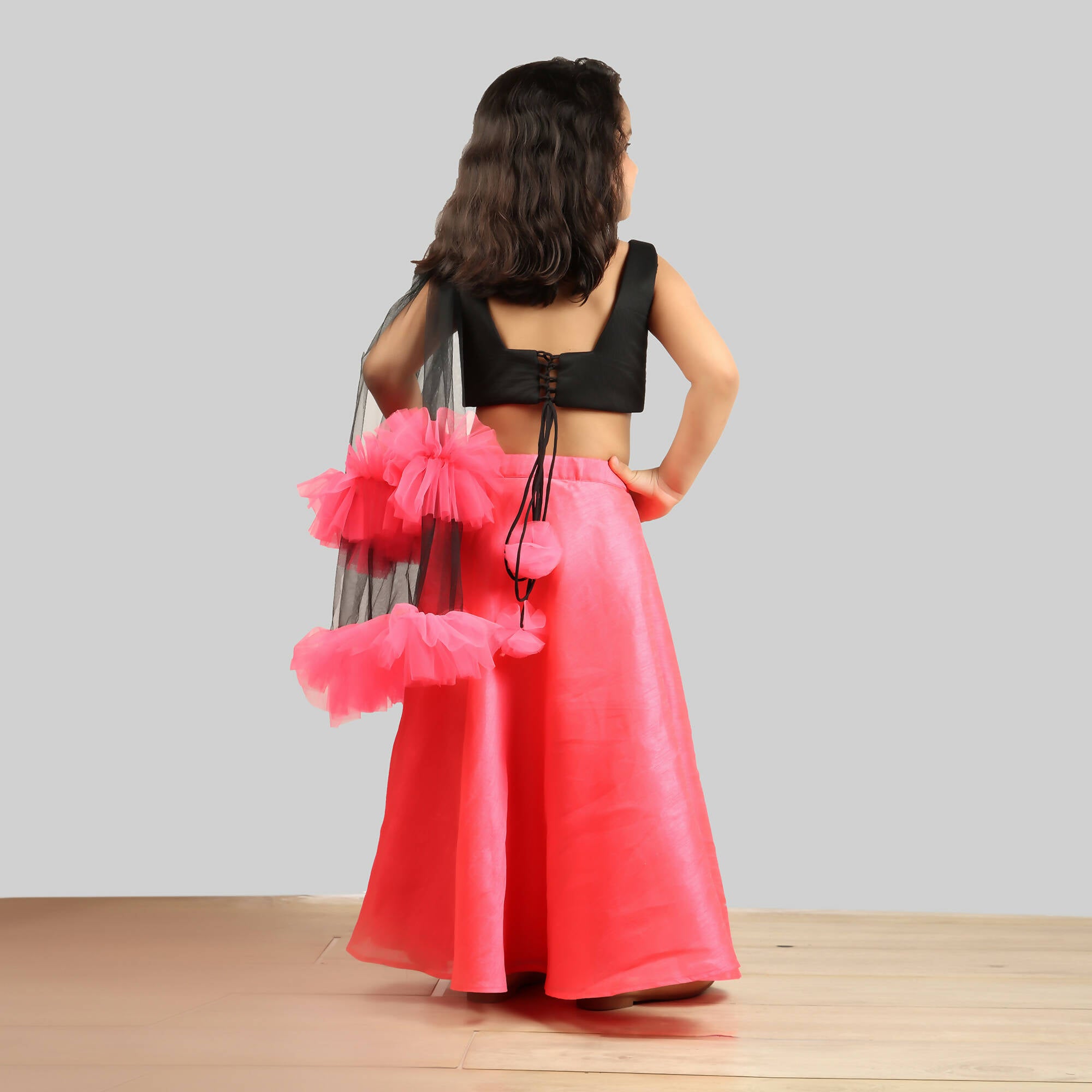 Pink Cow Fashions Black & Pink Ghagra Choli With Frill Dupatta - Distacart