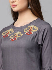 Thumbnail for Yufta Women Grey & Maroon Solid Kurta with Trouser