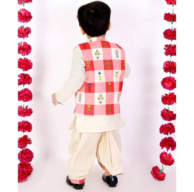 Little Bansi Cream Color Floral Check Jacket with Kurta and Dhoti