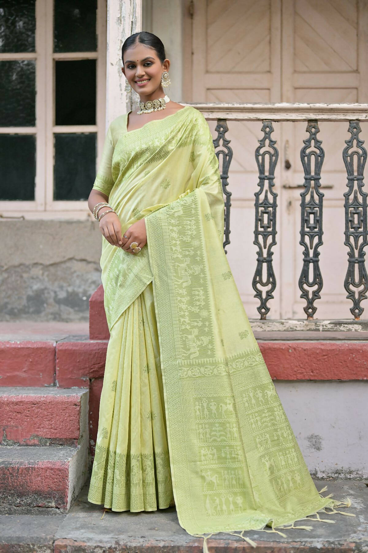 Vishnu Weaves Women's Mahendi Handloom Raw Silk Woven Border Saree with Blouse - Distacart
