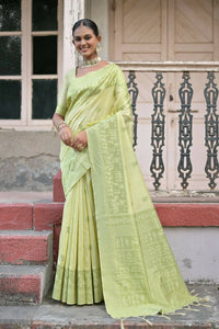 Thumbnail for Vishnu Weaves Women's Mahendi Handloom Raw Silk Woven Border Saree with Blouse - Distacart