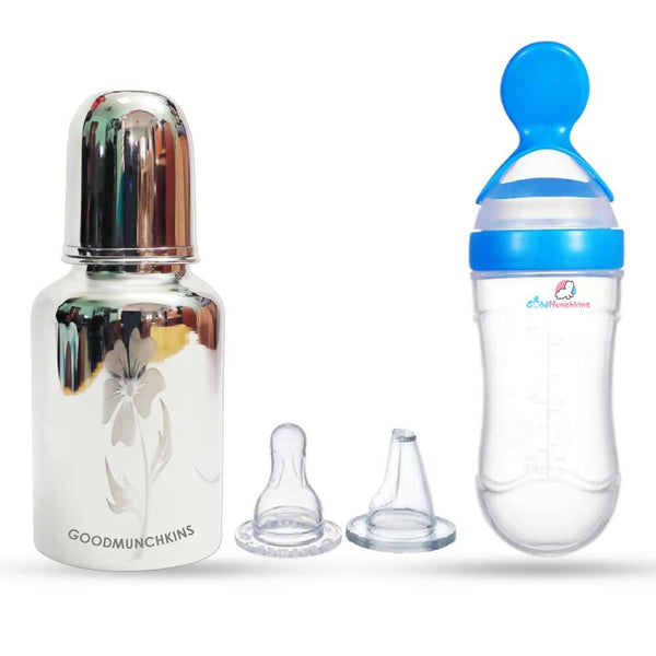 Goodmunchkins Stainless Steel Feeding Bottle & Spoon Food Feeder Anti Colic Silicone Nipple Combo-(Blue, 300ml) - Distacart