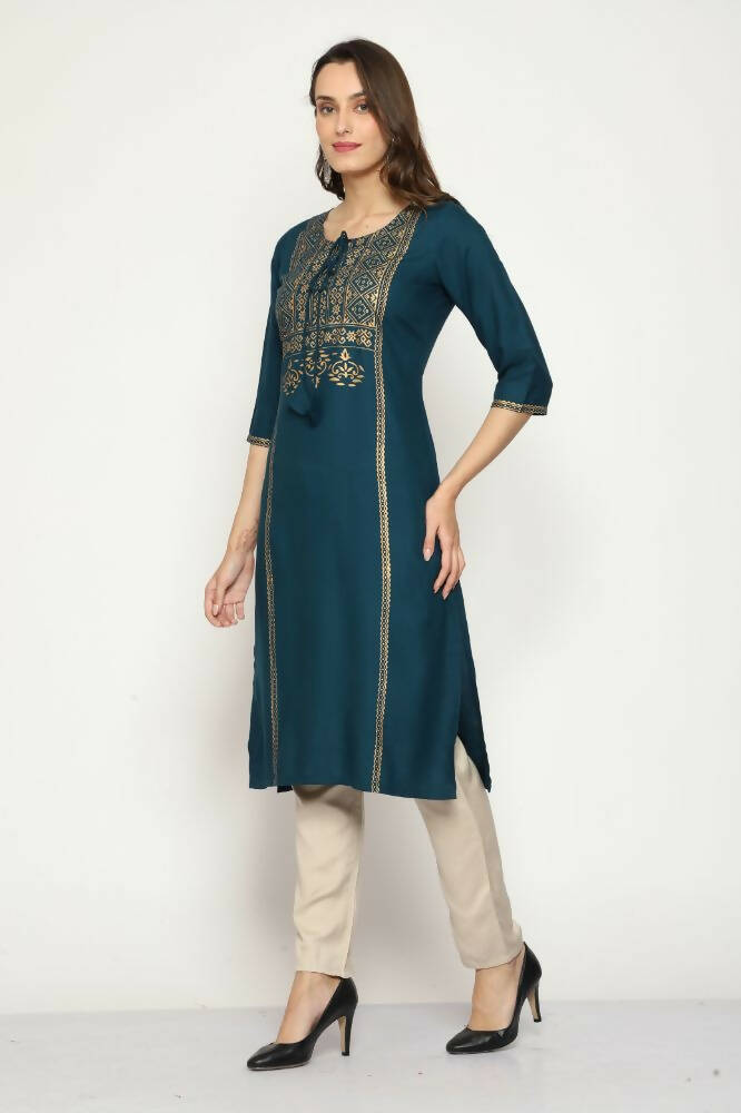 Maai Rayon Hand Printed Kurta Navy - Distacart