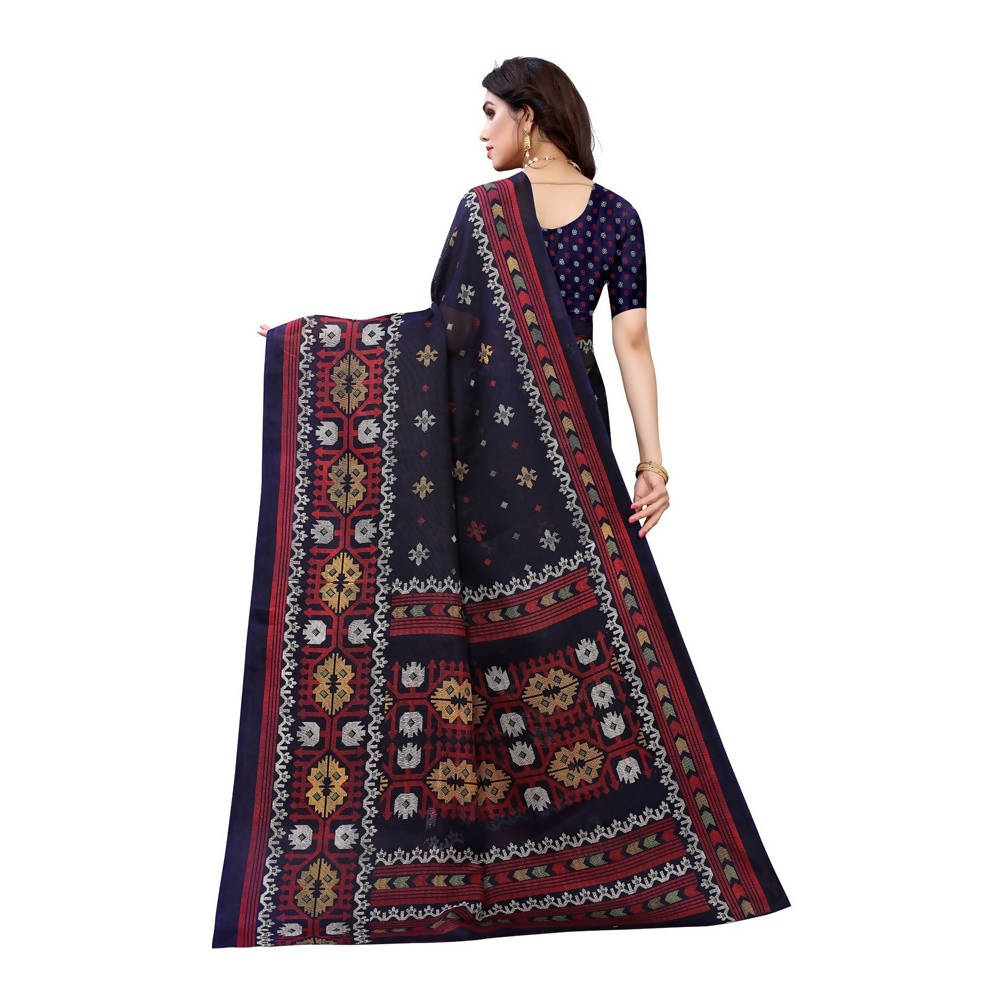 Vamika Printed Jute Silk Navy Blue Saree (Namita Navy) for daily wear