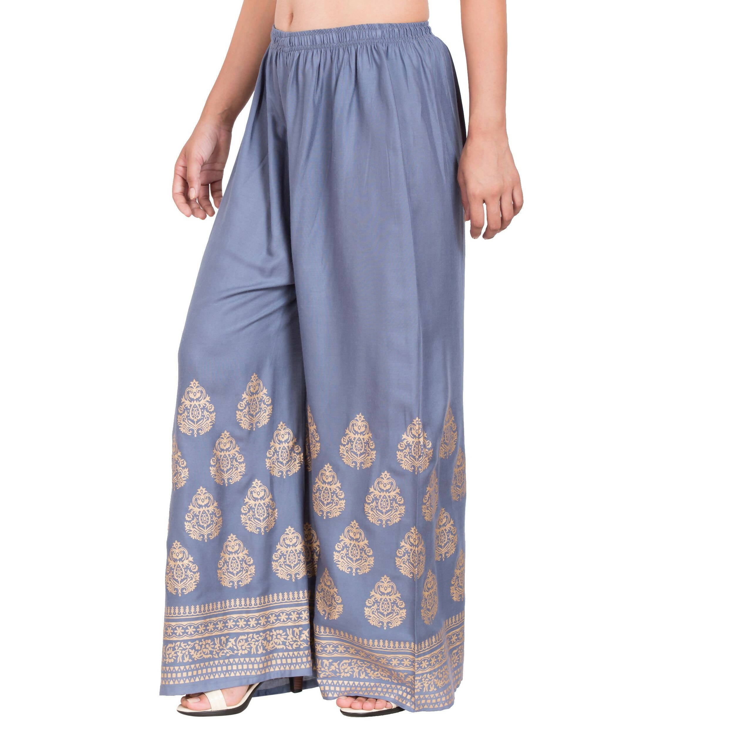 PAVONINE Grey Color Golden Printed Rayon Fabric Sharara For Women & Girls - Distacart