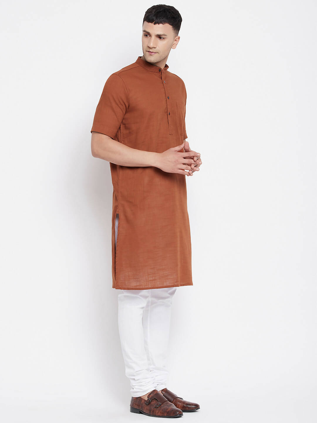 Even Apparels Brown Pure Cotton Men's H/S Kurta With Band Collar - Distacart