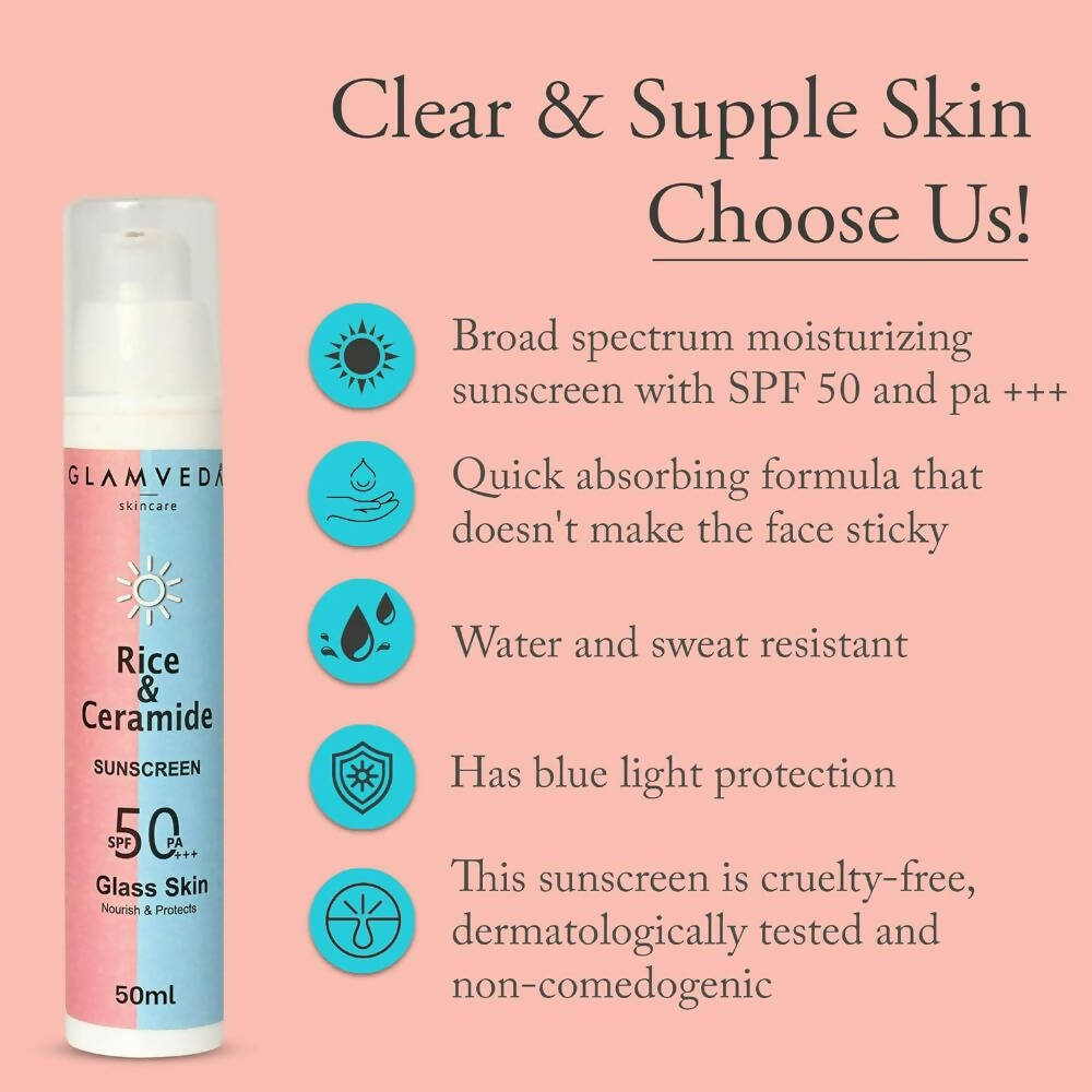 Glamveda Korean Glass Skin Rice & Ceramide Dewy Sunscreen Spf 50 Pa+++ - Distacart