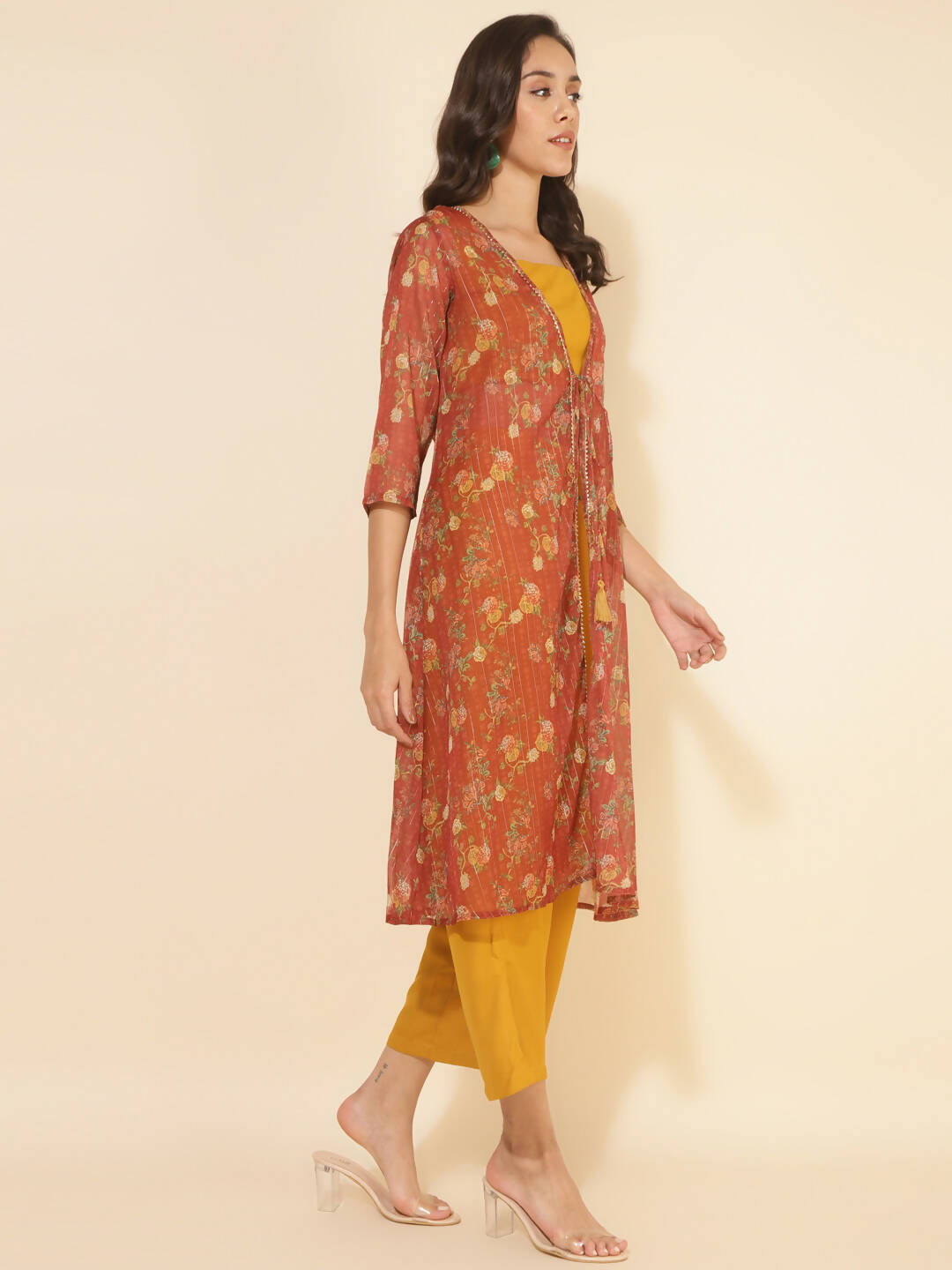Janasya Women's Mustard Moss Solid Festive Crop Top Set - Distacart