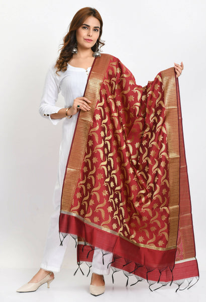 Mominos Fashion Moeza Women's Banarsi Silk Floral Woven Design Maroon Dupatta - Distacart
