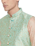 Thumbnail for Manyavar Green Self Textured Shiny Pattern Nehru Jacket For Men