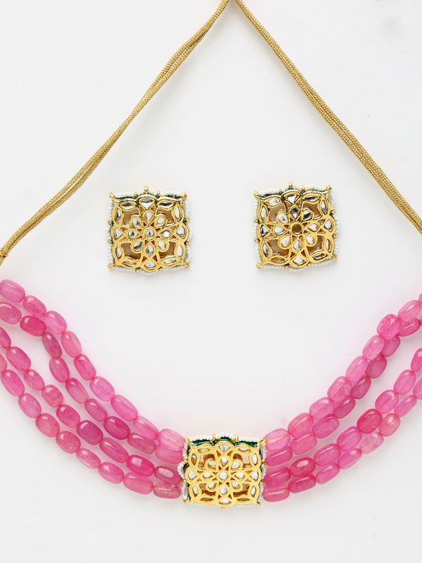 Gold-Plated Pink Kundan Choker With Studs - Ruby Raang - Distacart