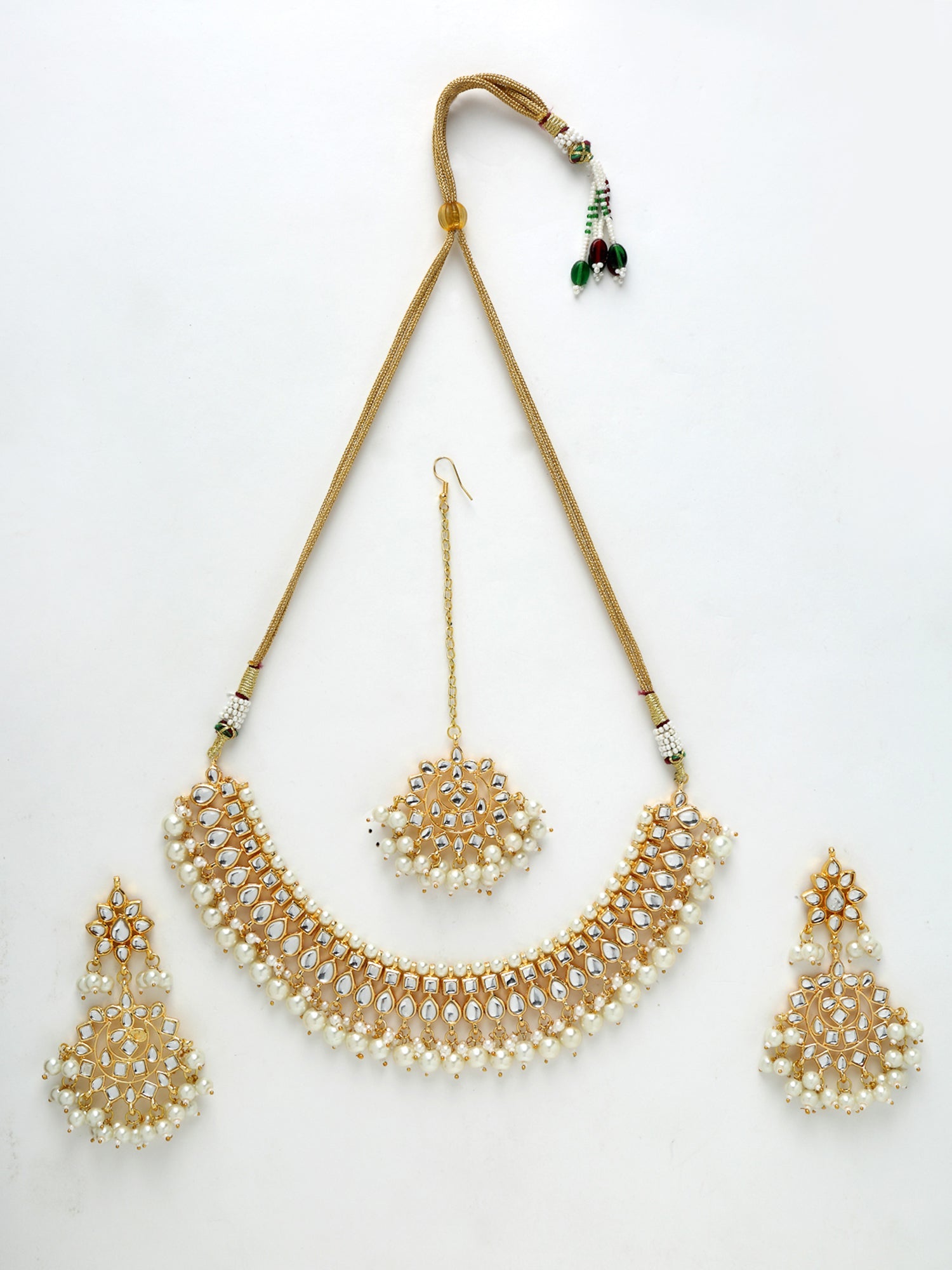 Gold Plated Kundan Choker With Earrings & Maang Tika - Ruby Raang - Distacart