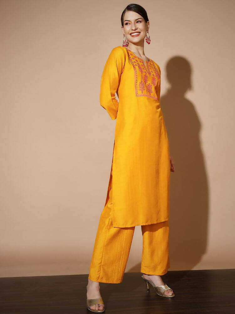 Myshka Women Mustard Solid Kurta & Palazzos With Dupatta - Distacart